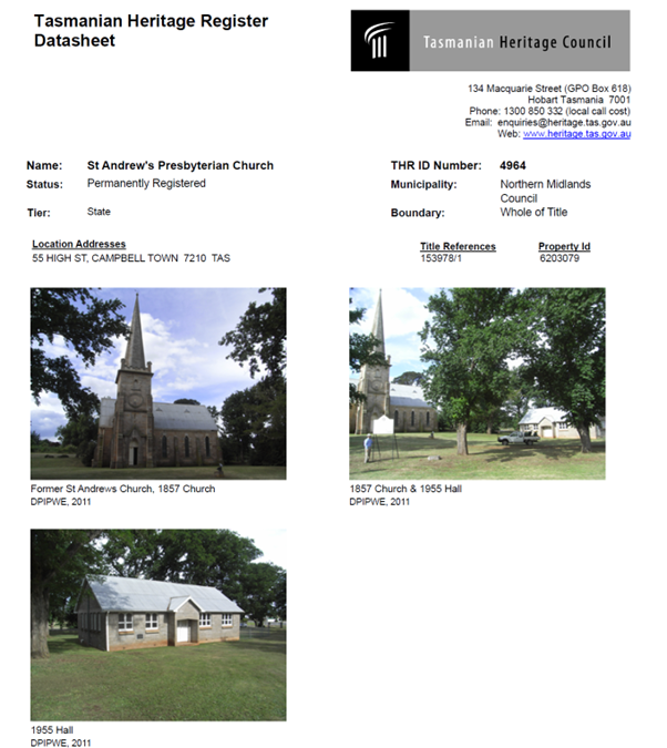 Heritage Tasmania’s information on St Andrew’s Presbyterian Church, now known as The Church