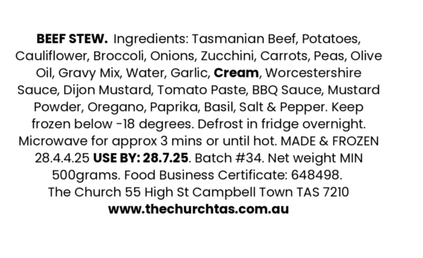 Beef & Vegetable Stew Frozen Meals Campbell Town Tasmania