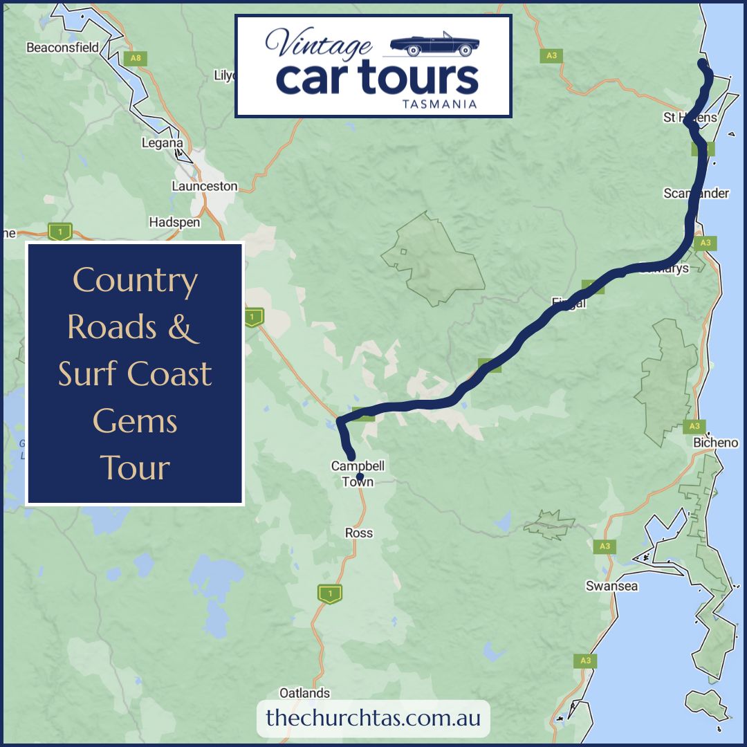 Country Roads and Surf Coast Vintage Car Tours Tasmania Tour of Avoca, Fingal, St Marys, Scamander, St Helens and Binalong Bay Tasmania