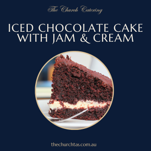 Homemade iced chocolate cake with jam and cream catering Campbell Town